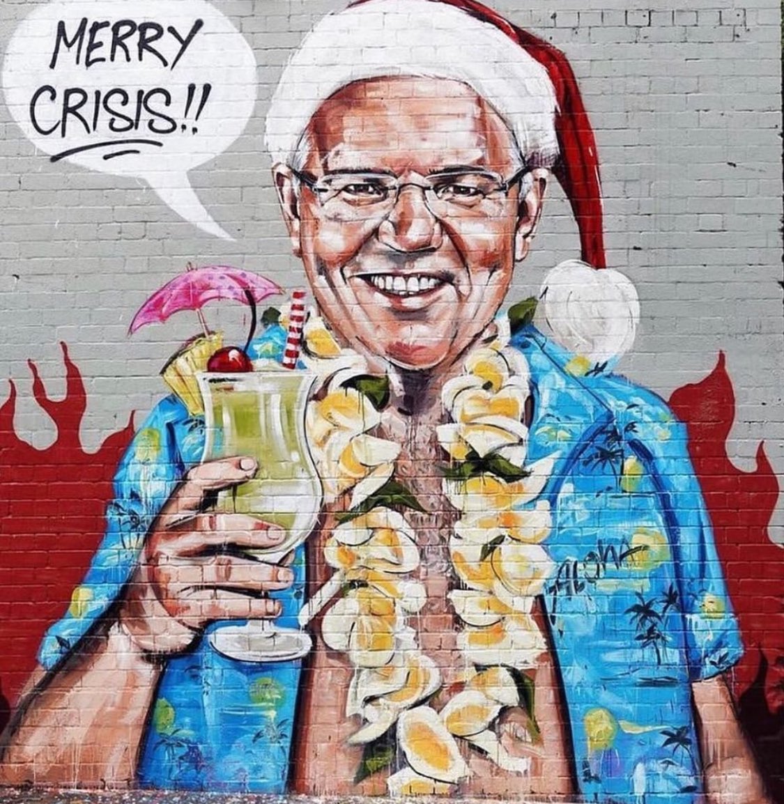 Scottie_marsh's tweet photo. Scomo’s leaving politics.
Here’s a handfull of works from my ‘Scomo Period’👍
1. Merry Crisis,
Painted Xmas eve 2019, during #backsummer bushfires Scomo thought it appropriate to piss off on a holiday in Hawaii, then pretend he didnt…. https://t.co/cJ6EgVproA