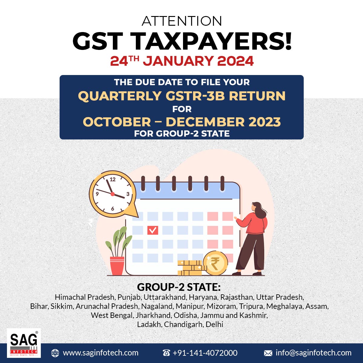SagInfoTech's tweet photo. Don't miss the GST filing for #GSTR3B for Oct-Dec 2023 and avoid any penalties. File your GST today with #GenGST #Software
Get the Guide: https://t.co/nCEjd6qO7h
For Free Demo: https://t.co/LEMJ90vcH3
#GSTTaxpayers #january2024 #duedate https://t.co/x4Ad2oTKoV