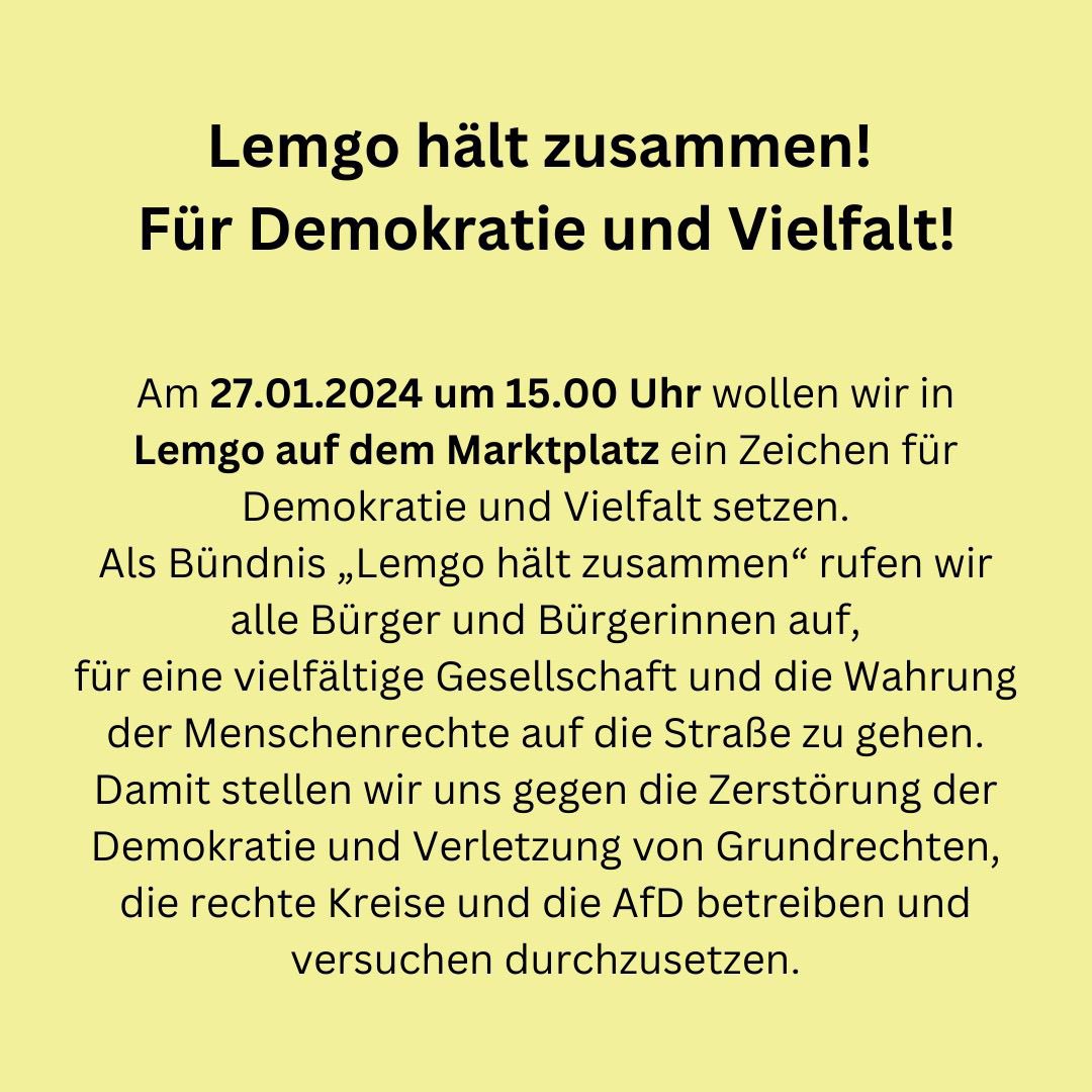 fff_lemgo's tweet image. ‼️Das „Bündnis Lemgo hält zusammen“ ruft zur Demo für Demokratie und Vielfalt auf ‼️
Wir als Fridays for Future Lemgo, schließen uns der Demo an. Wir freuen uns auf euch 💚