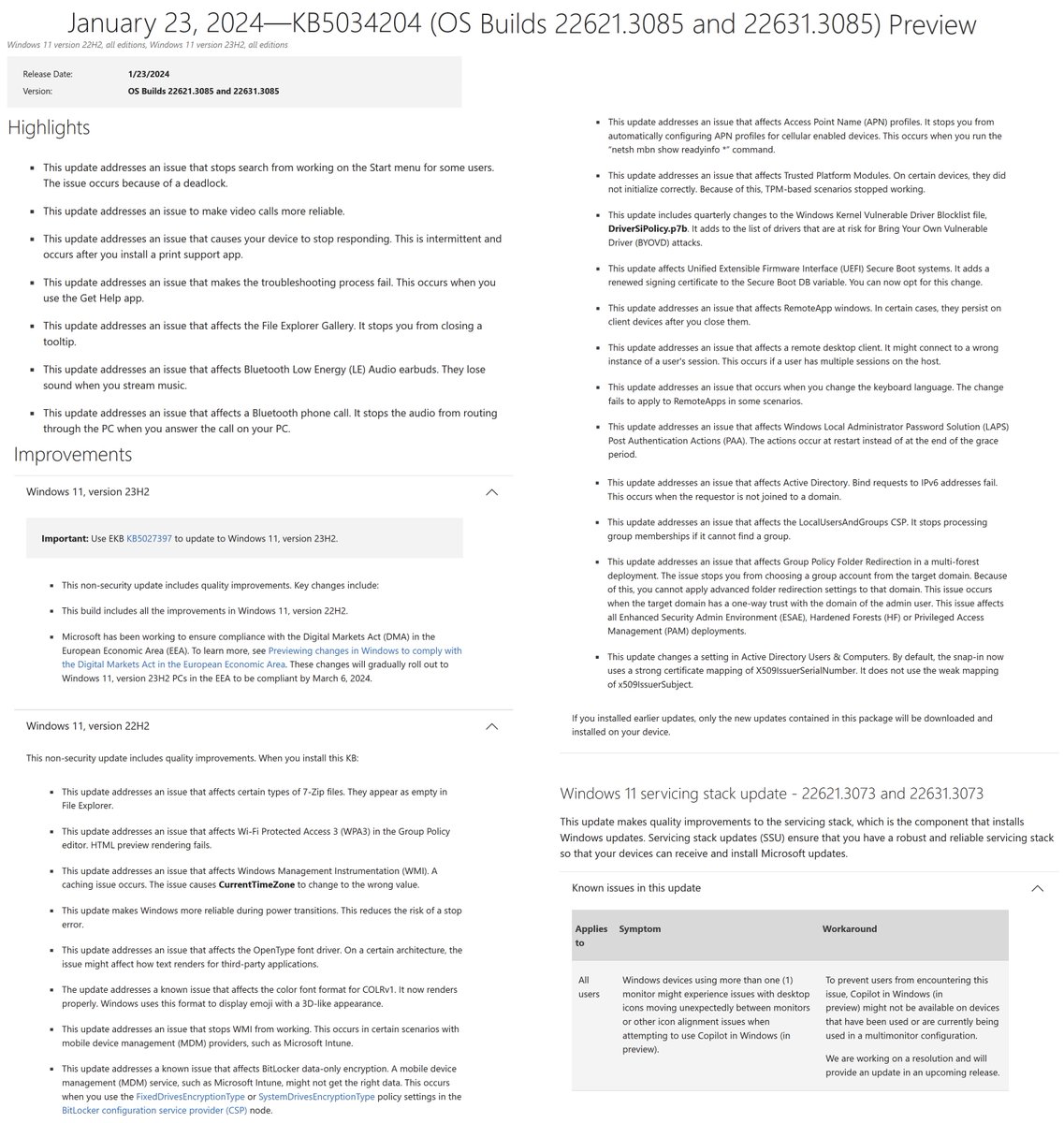 WZorNET's tweet photo. 🚨 January 23, 2024 #PatchTuesday “С” release #CumulativeUpdatePreview #KB5034204👨‍💻👉 https://t.co/4IbLDRxJEN for Windows 11 Version #22H2/#23H2 = OS Build 22621/22631.3085.ni_release_svc_prod3.240121-0910
🔧Download #KB5034204 on #MicrosoftUpdateCatalog👉 https://t.co/V4nm0pkhZ0 https://t.co/QNTFzMqLjc