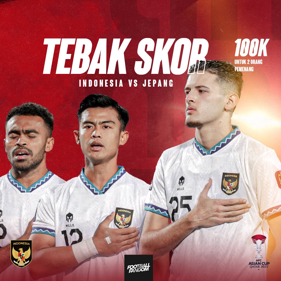 [KUIS TEBAK SKOR]

Jepang vs Indonesia 

🗓 24/1/24
🕓 Kick off 18:30 WIB

Syarat:
1. Follow akun @fandomID_
2. RT dan like twit ini
3. Cth reply: Jepang 0-3 Indonesia
4. Kuis ditutup saat kick off

Hadiah 100k untuk 2 orang

#timnasday #PialaAsia2023