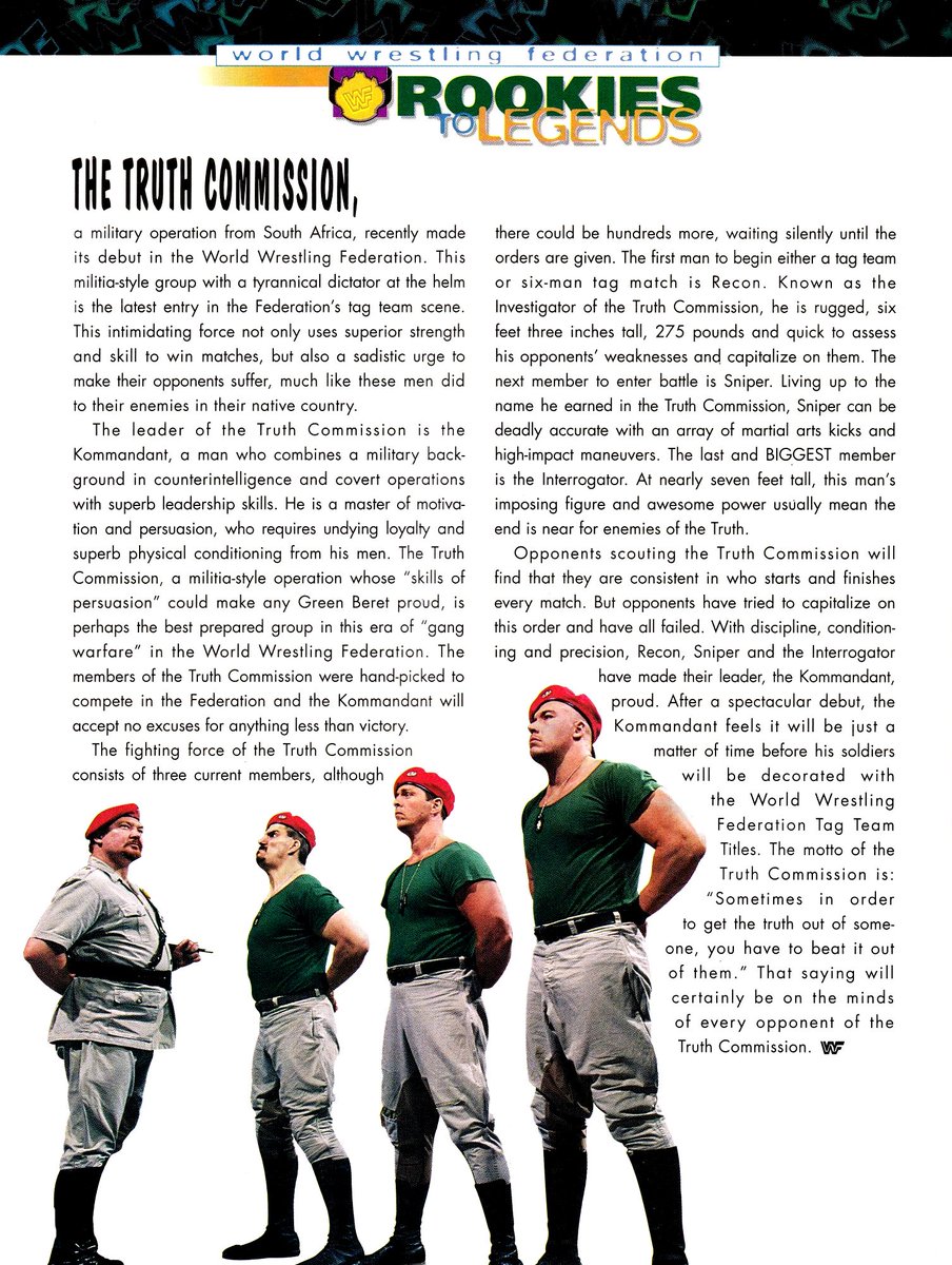 WWFWrestling1's tweet photo. Rookies to Legends profile of The Truth Commission from WWF Magazine, October 1997. #WWF #WWE #Wrestling #TheTruthCommission https://t.co/AdODb8TlBO