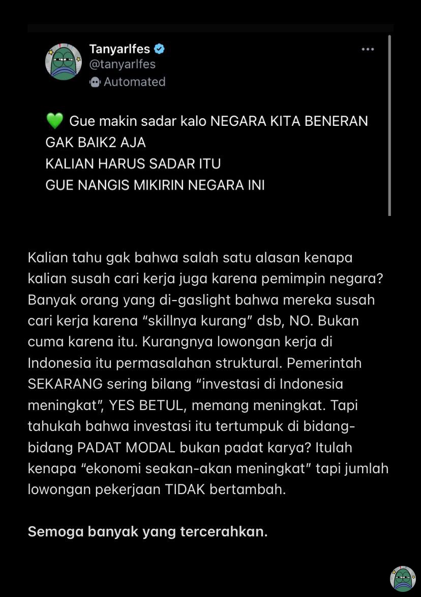 Kaget liat di menfess tsb banyak yang reply “mending mikirin diri sendiri”. 🥲

Kehidupan kalian di negara ini tergantung siapa pemimpinnya, btw. Kebijakan pemerintah berdampak pada JUMLAH lowongan kerja, sistem kerja, kurikulum pendidikan, transportasi, dsb. 🙏🏻 💚
