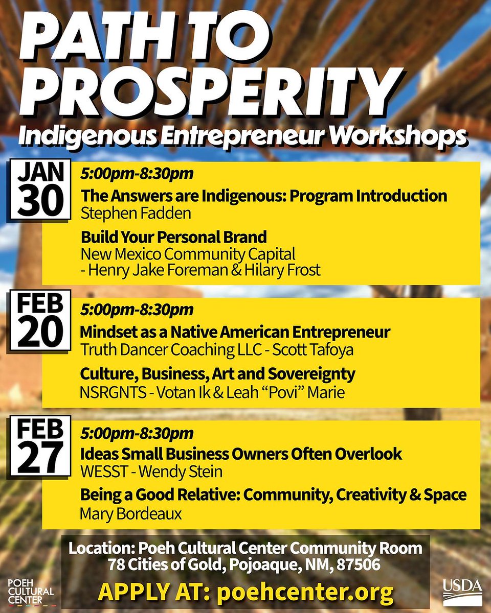 #Repost from the Poeh Cultural Center on upcoming opportunities! “Path to Prosperity: Indigenous Art Workshops - Spring 2024 APPLY AT: poehcenter.org For more information, please contact Stephen Fadden. Phone: (505) 455-5063 | (505) 603-2476 Email: sfadden@pojoaque ...