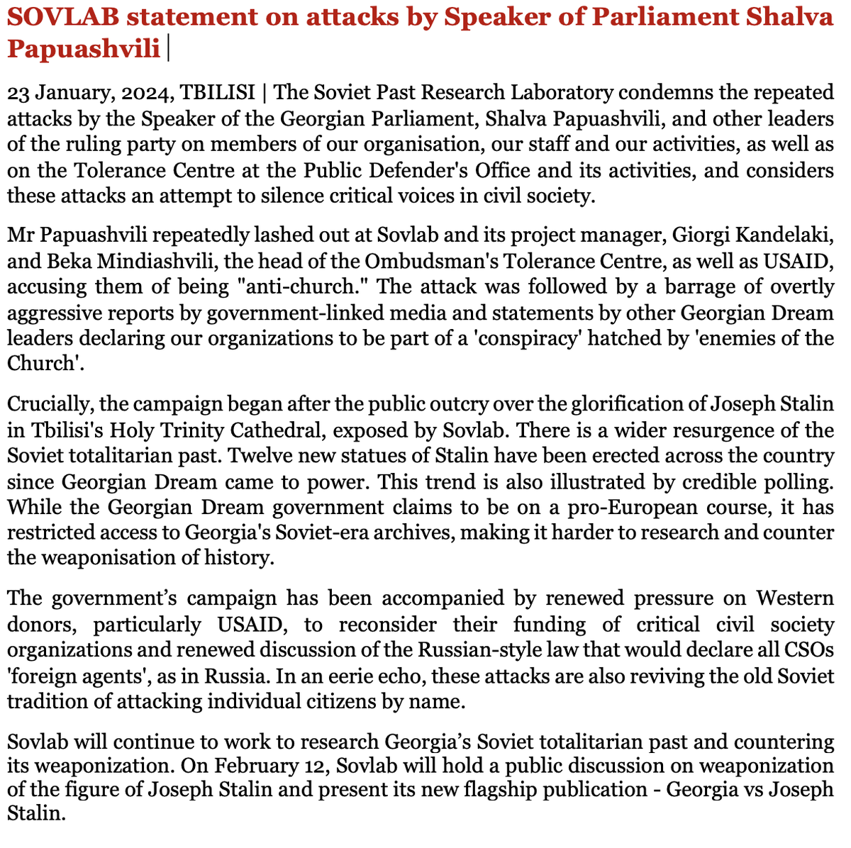SovLab's tweet photo. Sovlab statement on the attacks by speaker Papuashvili https://t.co/Ss1DwSYTDA