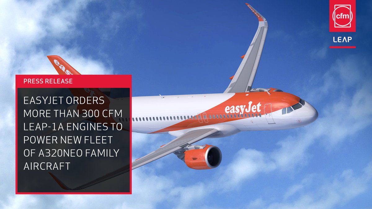 [Press Release] <a href="/easyJet/">easyJet</a> orders more than 3⃣0⃣0⃣ #CFMLEAP-1A engines to power its fleet of 157 <a href="/Airbus/">Airbus</a> #A320neo family aircraft, along with spare engines and a multi-year services agreement. The aircraft will be delivered from 2029. Read more ➡️ urlz.fr/pqfj