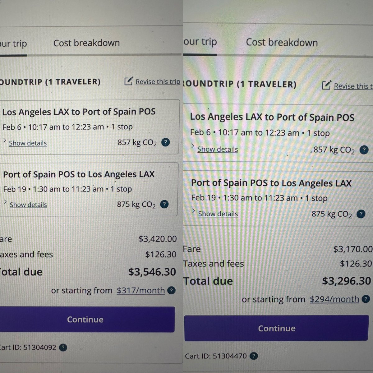 jpierremarc's tweet photo. These are the exact same flights being booked at the exact same time. Only difference is the left is trying to use a travel credit. @united please explain to me why it’s $250 more when I shop using a travel credit? https://t.co/2VMihkE0lo