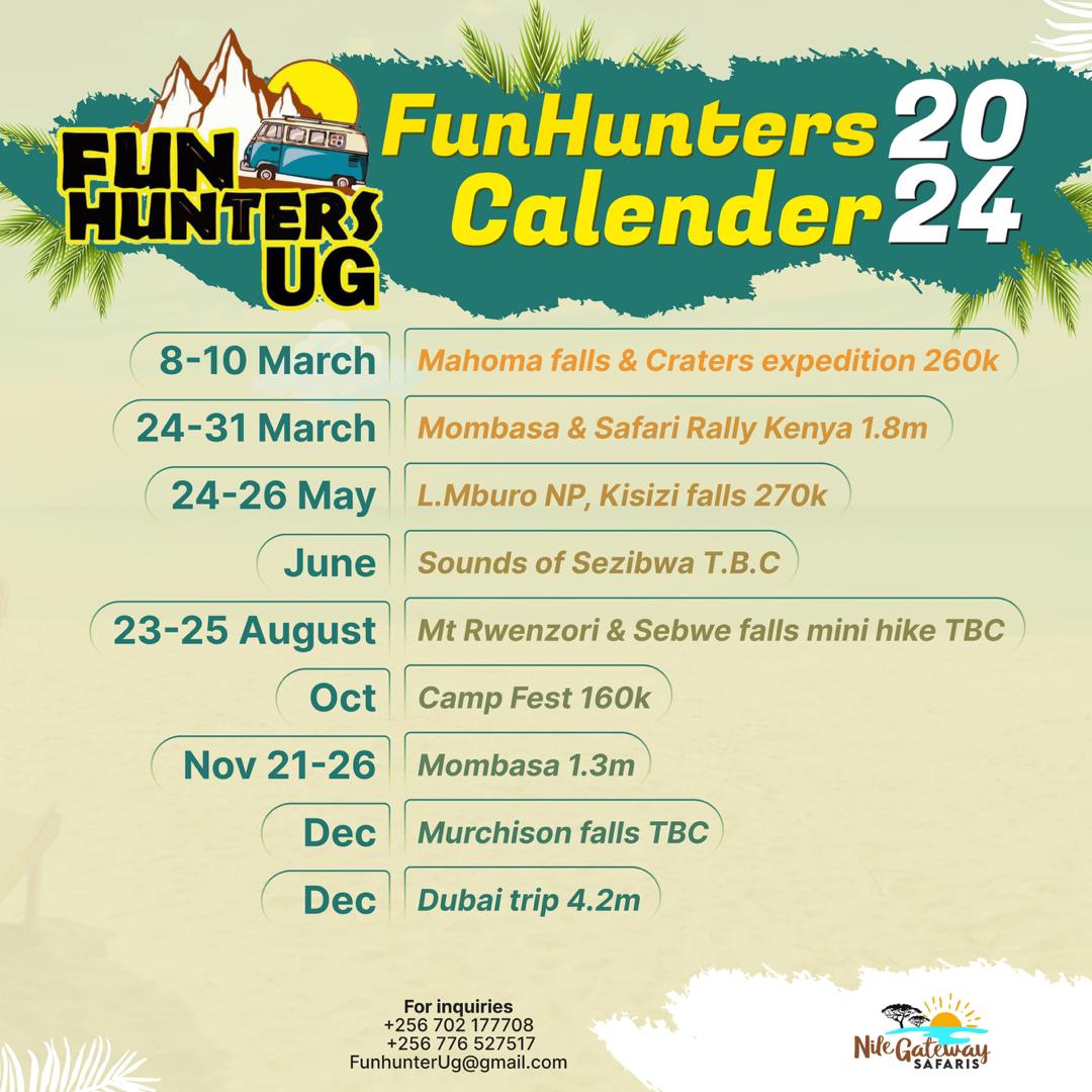TheRoyalEnigma's tweet photo. The mighty @Funhunters_Ug 2024 calendar is out. Choose ur happiness* ๐ฅฐ
You will never seen this anywhere else and none does it better than us.
#FunHuntersUG
#holidays #Mombasa #MahomaFalls #SafariRally #Kenya #LakeMburo #CampFest ##MurchisonFalls #MtRenzori #Dubai #WeekendVibes https://t.co/nfFlH2VFOR