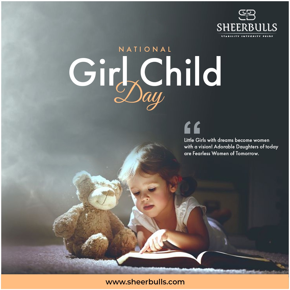 Empower her dreams, celebrate her spirit! On National Girl Child Day, let's pledge to break barriers, foster equality, and create a world where every girl can thrive.
#sheerbullsindia #sheerbulls #NationalGirlChildDay #empowerherfuture