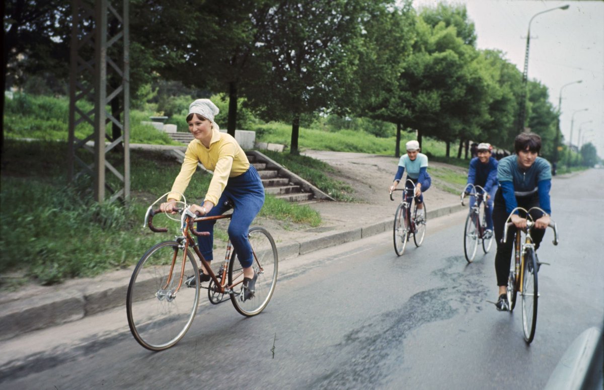 Four women ride bicycles along the city roads, Alma-Ata (Almaty), Kazakh SSR, 1969 (photo by Vittoriano Rastelli)