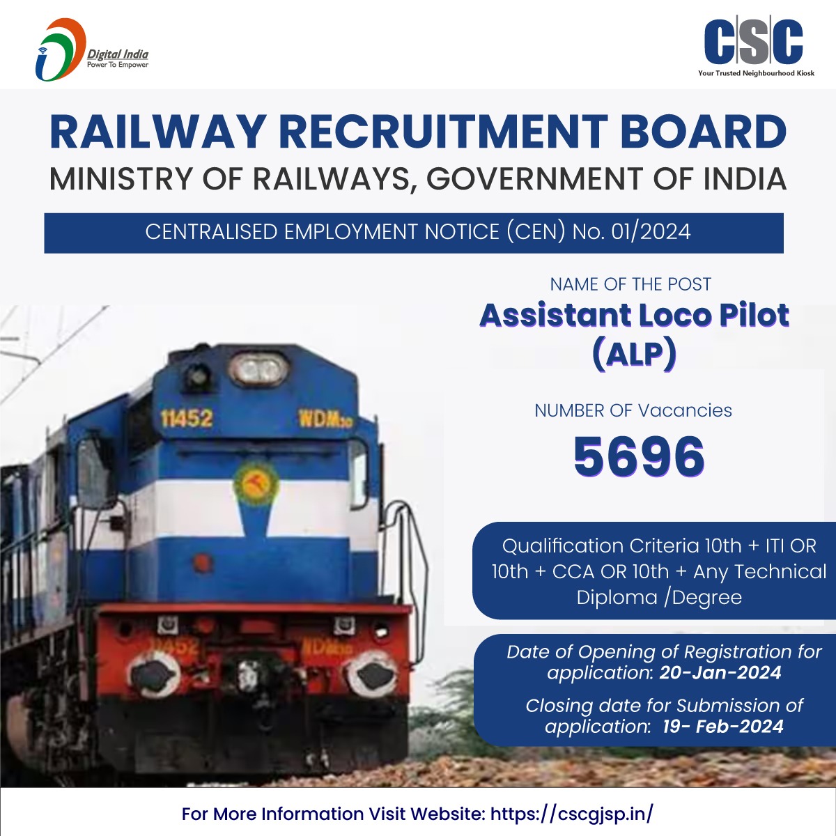 RRB RECRUITMENT-2024 invites online application forms for the post of Assistant Loco Pilot ( ALP ). For more information check detailed notification or visit us on cscgjsp.in/job/details/786 @sanjaykrakesh @SarthikSachdeva @RailMinIndia @CSCegov_ #RRBALP #RRB2024 #RRB @csc_south