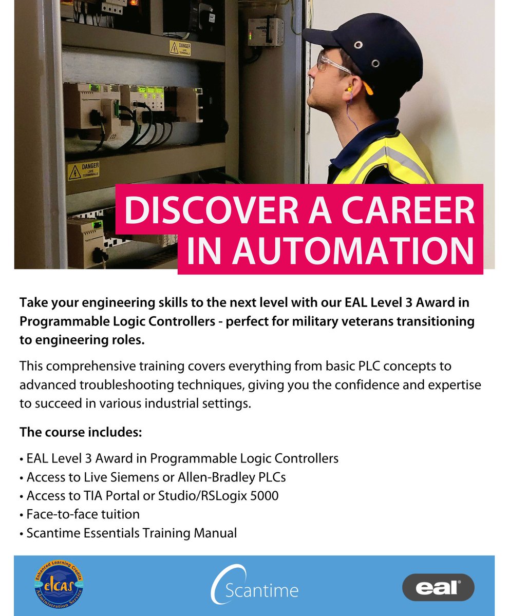 ScantimeAuto's tweet image. Earn a nationally recognised qualification from our EAL Level 3 Award in Programmable Logic Controllers with our 10-day PLC training course⚡

🗓 Next Available Date: April 8th - 19th
🏢 Location: Newcastle upon Tyne

To learn more visit scantime.co.uk/course/eal-awa…

#plcprogramming