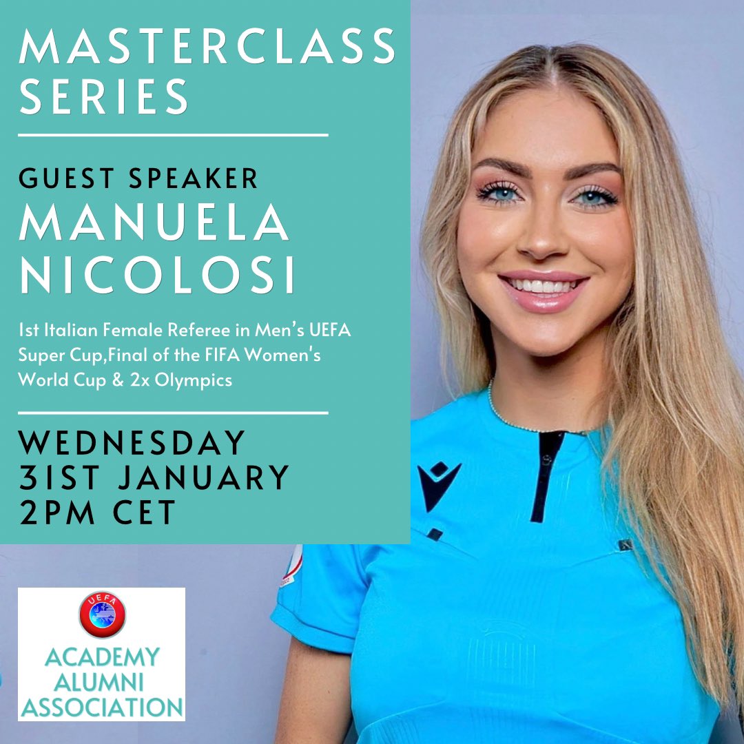 The Masterclass is back and we are thrilled to announce the first guest speaker of 2024, Final of the FIFA Women's World Cup and 2x Olympic Referee - Manuela Nicolosi.

Wednesday, 31st January at 2pm CET.

Please register below to confirm your place: 

bitly.ws/3aG8L