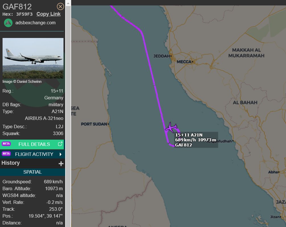 Nimras__'s tweet photo. ๐ฉ๐ช Luftwaffe | Airbus A321neo | 15+11 | #3F59F3 | #GAF812
Currently holding over the #RedSea east of Port Sudan and south of #Jeddah. Traffic nearby seems to be normal. https://t.co/Huya3DrGW5