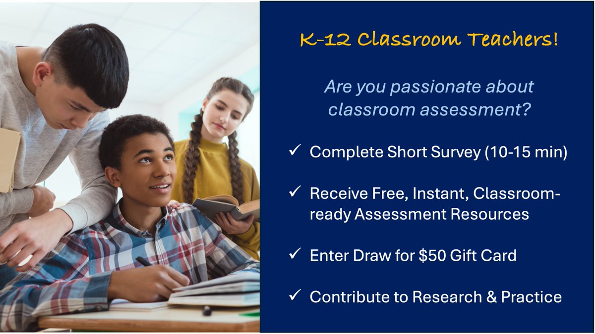 TEACHERS receive FREE ASSESSMENT RESOURCES by sharing your assessment strategies and innovations via a short research survey: queensu.qualtrics.com/jfe/form/SV_0i… Plus enter $50 gift card draw. PRT @max_cooke @profwendycraig @AmandaBongers @THOMLYNN101 @DRABC14 @XFazio_BrockU @lkpacarynuk