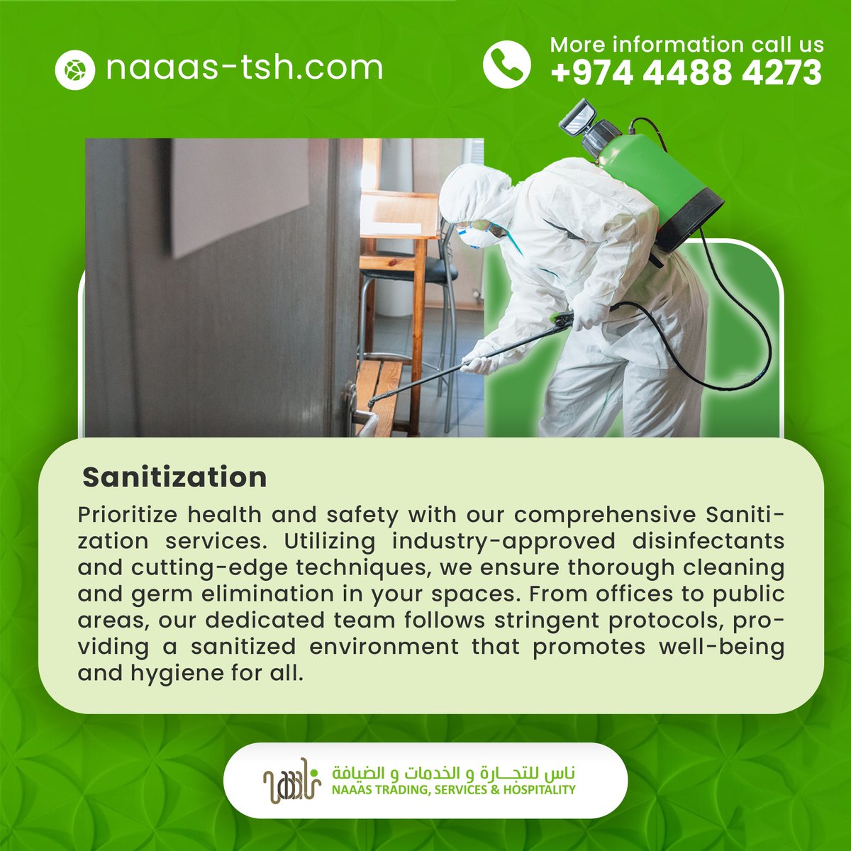 NAAAS_TSH's tweet photo. Champion health and safety with #NTSH - NAAAS Trading & Services. Our comprehensive Sanitization services prioritize cleanliness and well-being. Using industry-approved disinfectants and cutting-edge techniques, we ensure thorough cleaning and germ elimination in spaces from offices to public areas. Our dedicated team follows stringent protocols to provide a sanitized environment, promoting well-being and hygiene for all. #Sanitization #HealthAndSafety #CleanSpaces