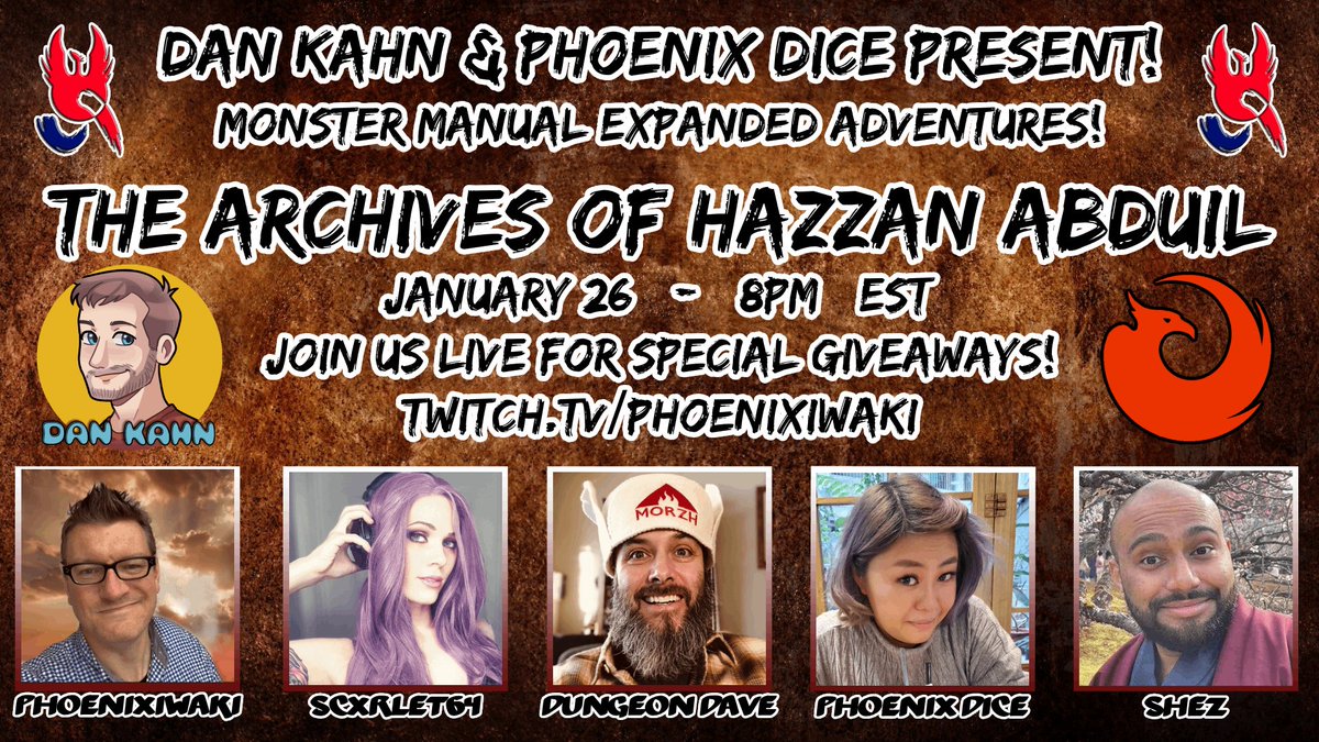 Phoenixiwaki (@phoenixiwaki) on Twitter photo This weekend: Jan26 @ 8pm EST / Jan27 @ 10am JST
<a href="/FrictionlessDan/">Dan Kahn @ BSKY</a> spotlight one shot!
From their NEW BOOK!
Players: <a href="/scxrlet64/">Scxrlet64 | Dessert 🍨 Dragons</a>
Dungeon Dave (<a href="/GuildSuperior/">Guild Superior</a>)
<a href="/phoenixdice/">Phoenix Dice</a> &
<a href="/ShezLens/">Shez Rahman</a>✨
#Giveaways of the upcoming book & Phoenix Dice!
▶️twitch.tv/phoenixiwaki
#oneshot #dnd5e This weekend: Jan26 @ 8pm EST / Jan27 @ 10am JST
<a href="/FrictionlessDan/">Dan Kahn @ BSKY</a> spotlight one shot!
From their NEW BOOK!
Players: <a href="/scxrlet64/">Scxrlet64 | Dessert 🍨 Dragons</a>
Dungeon Dave (<a href="/GuildSuperior/">Guild Superior</a>)
<a href="/phoenixdice/">Phoenix Dice</a> &
<a href="/ShezLens/">Shez Rahman</a>✨
#Giveaways of the upcoming book & Phoenix Dice!
▶️twitch.tv/phoenixiwaki
#oneshot #dnd5e