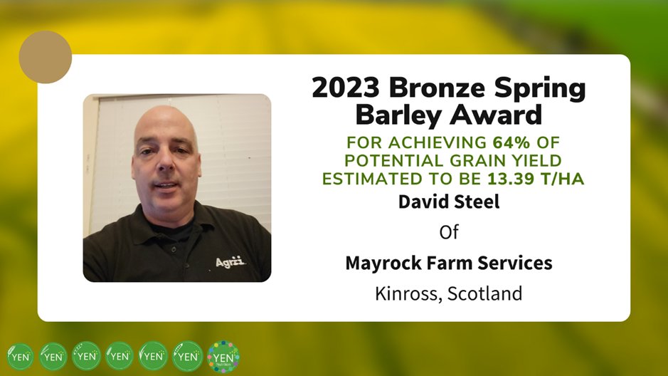 Onto our top spring #barley performers now! Independent entry David Steel of Mayrock Farm Services, Kinross takes bronze for his spring barley grain yield of 8.61t/Ha 🥉 👏 #YENAwards David also claims the bronze for potential yield achieving 64% of his max potential #yen2024
