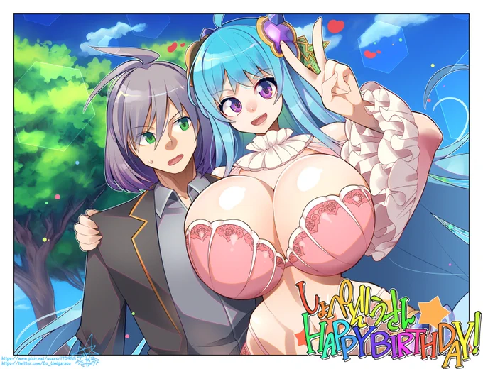 しょぺさん(のお誕生日のお祝いに描きました!しょぺさんのゲームブリリアントDの主人公ダイオン君と私デザインのフェンネルのツーショット!おめでとうございます!ちなみにお誕生日は四か月前でしたが…! 