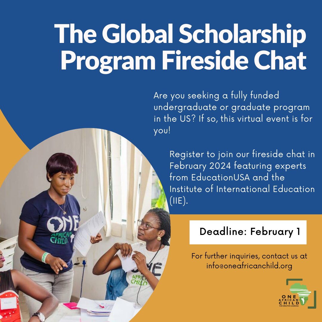 ✨ Exciting News!✨ OneAfricanChild Foundation is launching the Global Scholarship Project to raise scholarships and funding opportunities for higher education over the next five years! 

To join the chat, kindly complete the application form by Feb 1: forms.gle/YRXFjyV8vTq7Ky…