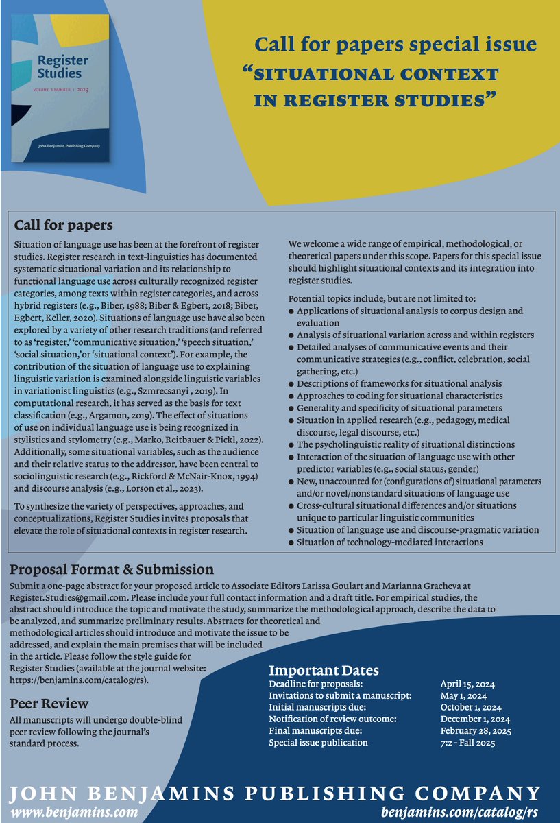 🌟🌟Call for Papers for our Special Issue on Situational Context in Register Studies 🌟🌟

Read the full call for papers: tinyurl.com/situationalcon…