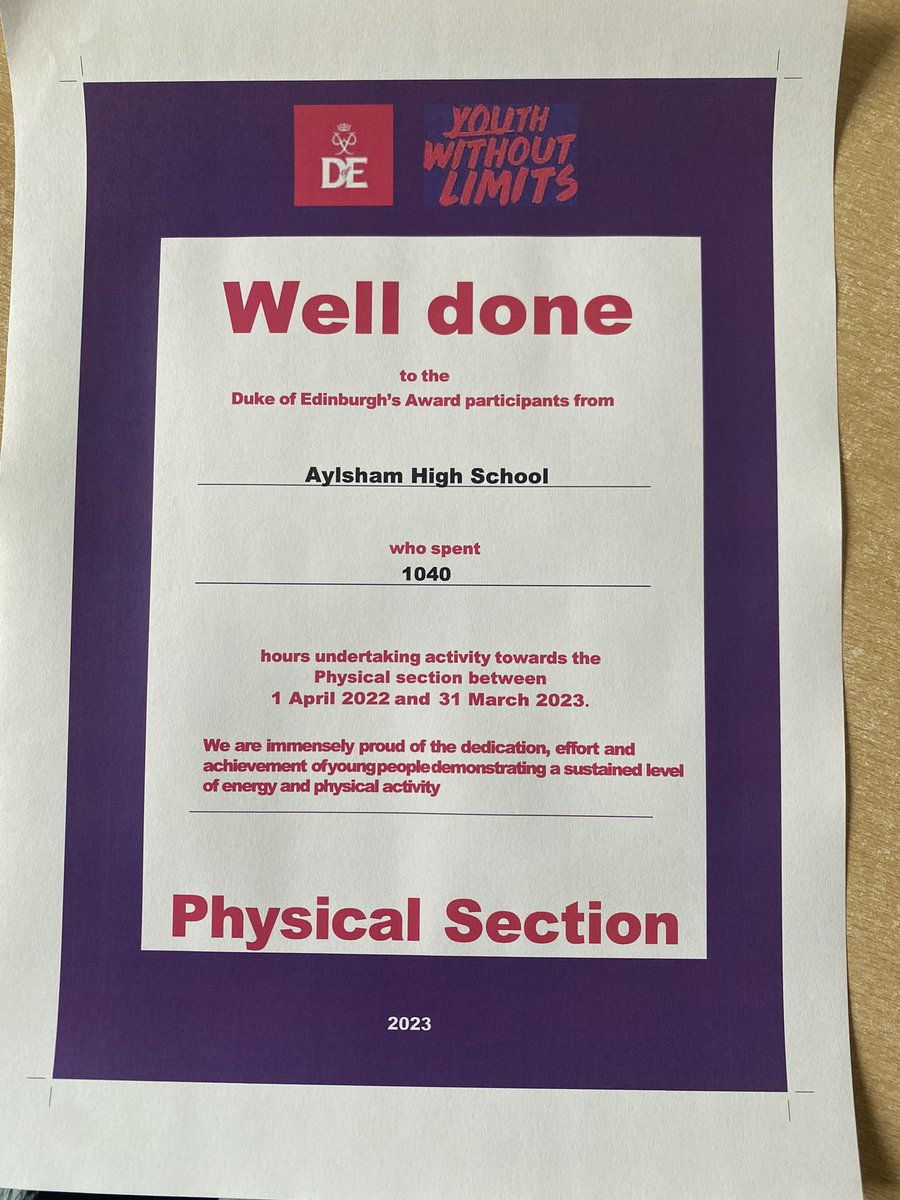 Well done to all students @aylshamhigh for hours achieved towards your physical section! #dofenorfolk #physical #AHSproud