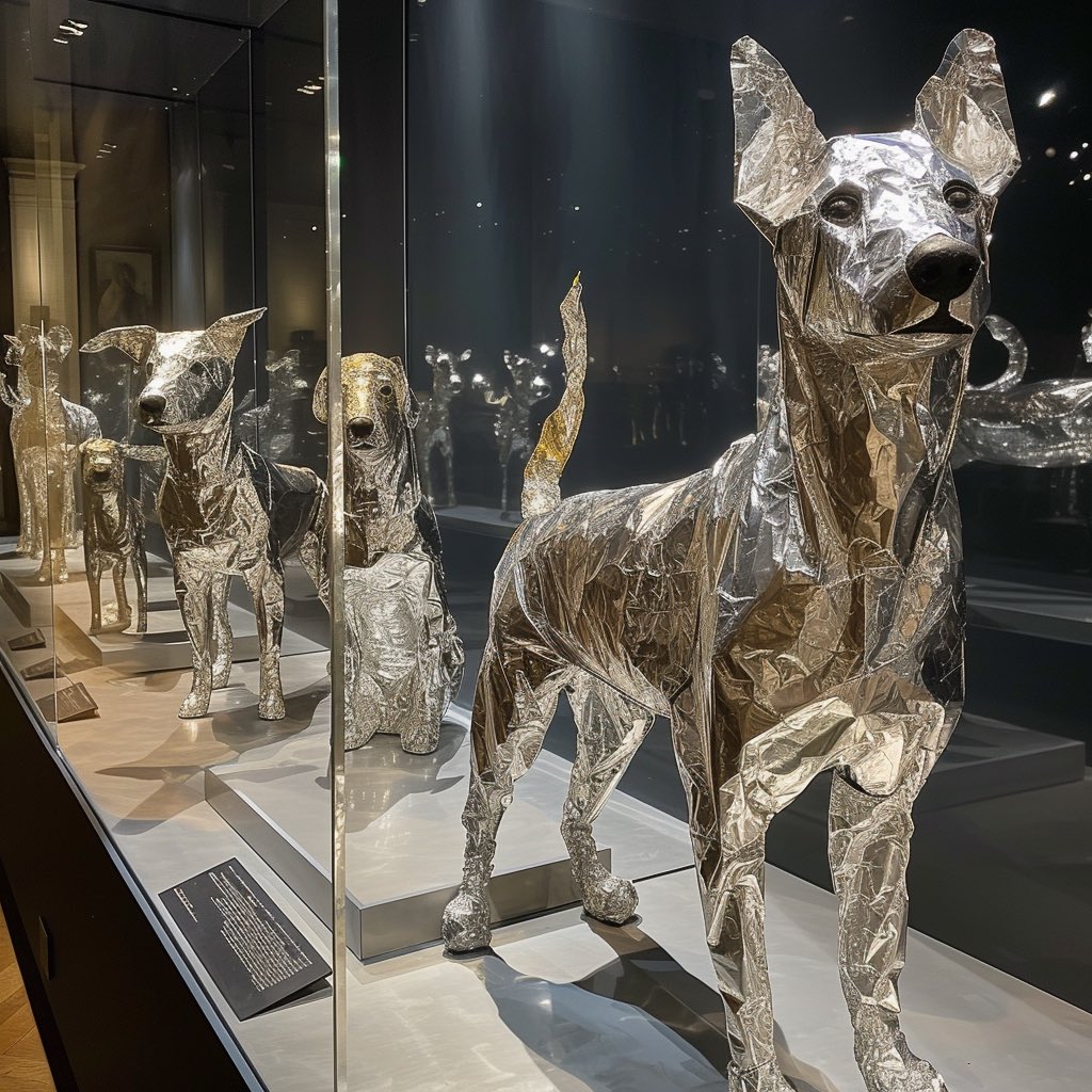 thecaninecult's tweet photo. National Gallery of Dog Arts modern art collection, the “The Invictus Pack” dogs made of tinfoil. #dogartgallery #dogartgallery #dogs #AIart #aiiFF #dailyFF https://t.co/JkzxOpxUvT