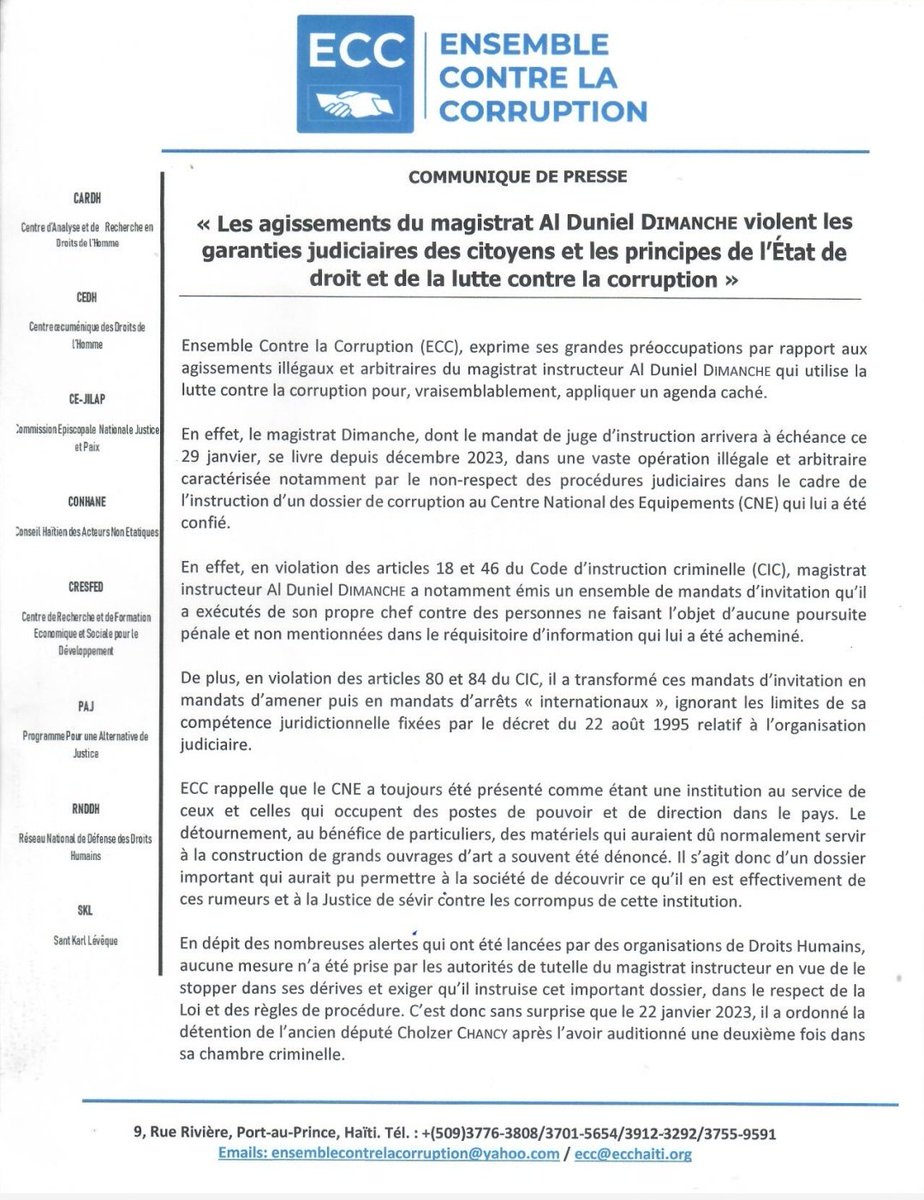 josephlunieOFF's tweet photo. Saga judiciaire en Haïti 🇭🇹: Ensemble Contre la Corruption (ECC) estime que "les agissements du juge d'instruction Al Duniel Dimanche violent les garanties judiciaires des citoyens et les principes de l'Etat de droit et de la lutte contre la corruption". @josephlunieOFF https://t.co/4Sm8BiF3xW