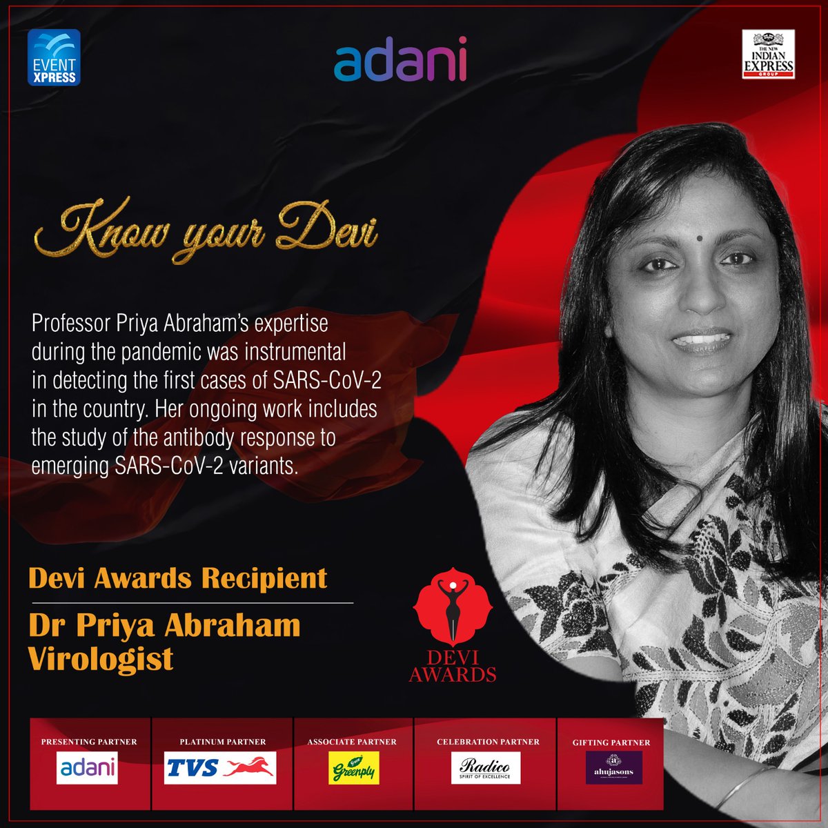 #KnowYourDevi: Meet Dr Srimathy Kesan (@KesanSrimathy), SpaceTech Pioneer, businessperson Kaviya Kalanithi Maran, writer Sharanya Manivannan and virologist Dr Priya Abraham.

@Eventxpress @PrabhuChawla @AdaniOnline
#DeviAwards #DeviAwardsChennai #DeviChennai #DeviChennai2024…