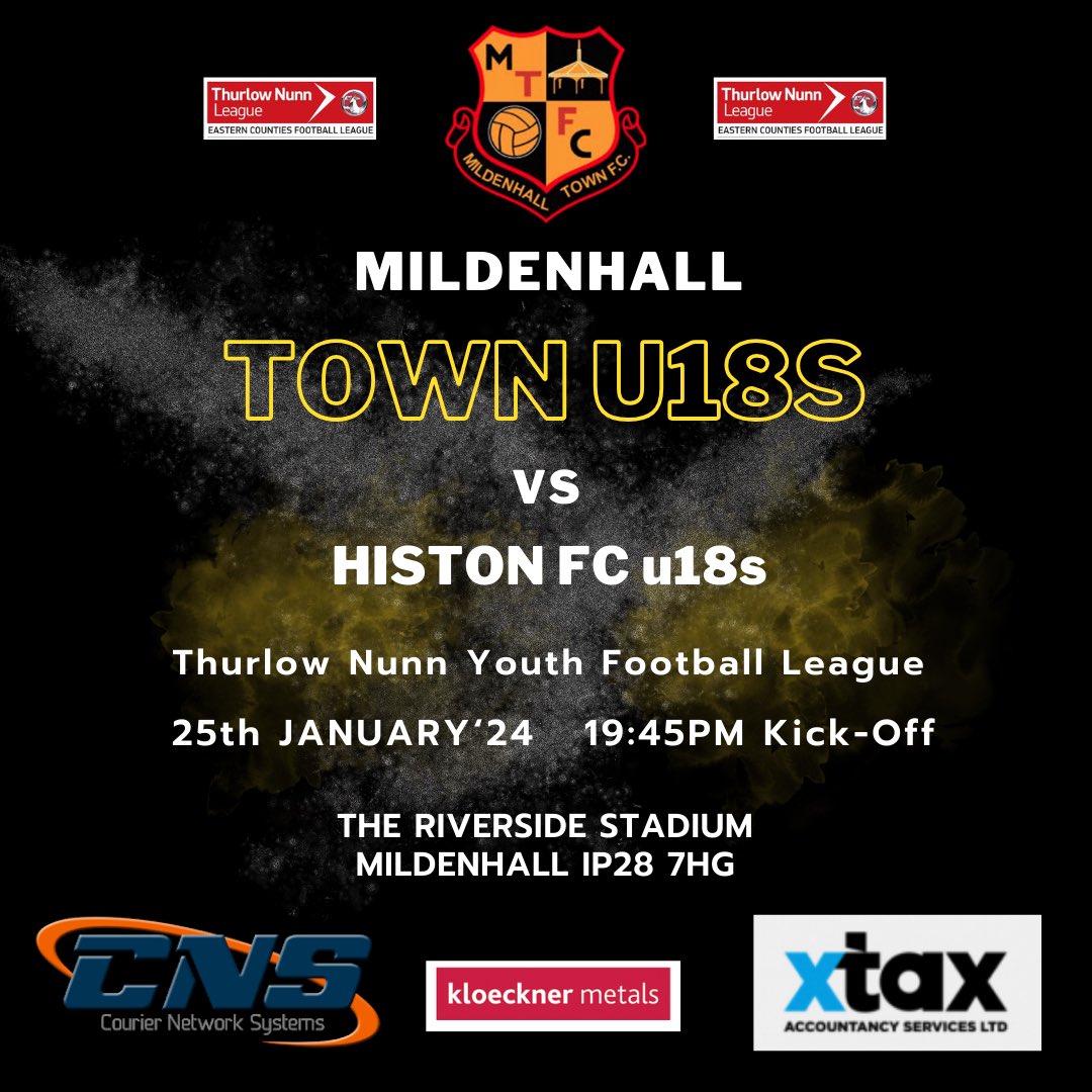 UP NEXT - League Match 
Mildenhall Town u18s v Histon u18s

🗓️ Thursday 25th Jan 2024
🏟️ The Riverside Stadium, IP28 7HG
⏰ Kick Off 7.45pm
🎫 £ 3 Adults and £1 u16s 

Food and Drink will be available!!