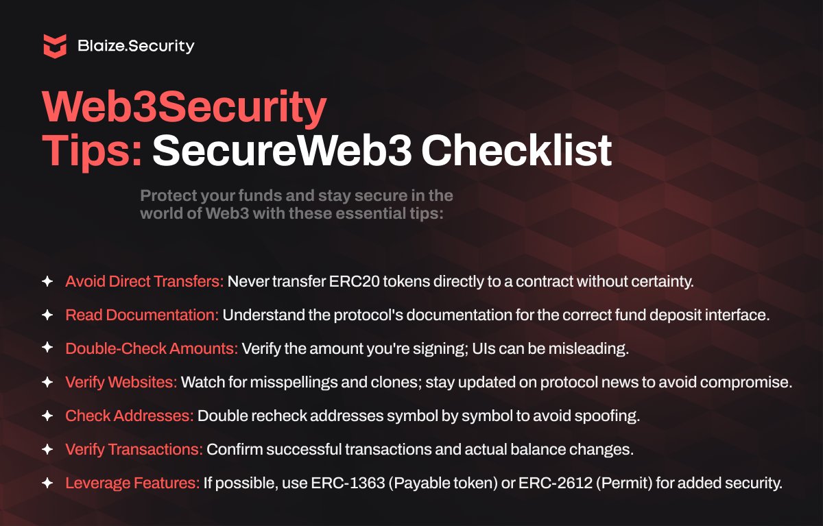BlaizeSecurity's tweet photo. 🔐 #Web3SecurityTips: SecureWeb3 Checklist 🌐
Most of the fund losses happen because of violating best practices and basic security hygiene while working with web3. In the case of protocols - that is what audits are for. Auditors will always notice such violations together with vulnerabilities and provide the appropriate recommendations to fix the misbehavior.
But in the case of user safety - there is always a need to remind the basic hygiene, so they will not be left vulnerable and "un-audited".
1️⃣ Never transfer ERC20 tokens directly to the contract, unless you are 100% sure that is the right user flow for the protocol. In most cases, contracts do not have a "rescue" function and your funds will effectively become stuck.
2️⃣ Always read available documentation of the protocol to use the appropriate interface to deposit funds. Make sure you know how the protocol works and your position will not be liquidated immediately.
3️⃣ Double-Check what amount you are going to sign or approve and make sure your wallet shows it to you. UI may be misleading and the actual amount may differ from the one in the interface.
4️⃣ Always recheck if the website you are interacting with is the correct one:
- check misspells in the site name to avoid mimicking malicious clones;
- always check the news from the protocol you interact with to see if it was not compromised.
5️⃣ Double recheck the account/protocol addresses you are going to interact with - symbol by symbol. User can be easily tricked with the spoofing address mimicking the actual one
6️⃣ Always check the result of the transaction - that it is successful, and that the balance was changed. There are enough flaws in ERC20 to mimic a successful transaction, so always check the balance
7️⃣ If the dApp allows, use the features offered by ERC-1363 (Payable token), or ERC-2612 (Permit)
Stay vigilant, stay secure! 🔒 #Web3Security #CryptoSafety #BlaizeSecurity