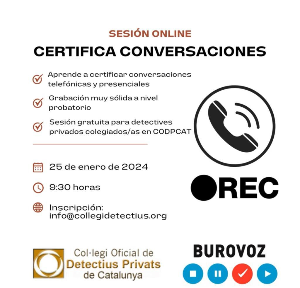 codpcat's tweet image. ‼️Recorda, demà 25 de gener a les 9:30 hores, BuroVoz ens explicarà com certificar converses telefòniques i presencials.

‼️Recuerda, mañana 25 de enero a las 9:30 horas, BuroVoz nos explicará cómo certificar conversaciones telefónicas y presenciales.

Info👇👇👇