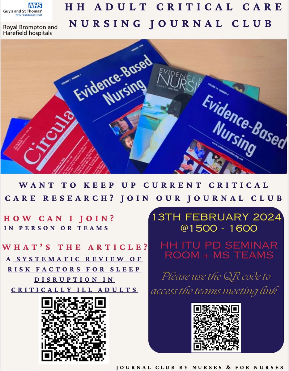 Priscilla Bekoe (@prissybek3) on Twitter photo Harefield ITU invite you to our February nursing journal club session😊
Looking forward to seeing you🤗
<a href="/ICU_Harefield/">HarefieldCriticalCare</a> <a href="/GSTT_ICU/">Guy's & St Thomas' NHS Trust Critical Care</a> <a href="/AICU_RBH/">Royal Brompton Critical Care</a> <a href="/FeliciaJCox/">Felicia Cox FRCN 💙 💛</a> <a href="/szbench/">Suzanne Bench</a> <a href="/itunursecollins/">Ciara Collins 🇮🇪</a> <a href="/ellec1/">Ellen Dunthorne</a> <a href="/gerlaOne/">Emanuele Gerlando</a> <a href="/katie_woo81/">Katie Stallwood</a> <a href="/ASarkkarai/">Arun Sarkkarai</a>
Find below details of our nursing journal club👇🏾 Harefield ITU invite you to our February nursing journal club session😊
Looking forward to seeing you🤗
<a href="/ICU_Harefield/">HarefieldCriticalCare</a> <a href="/GSTT_ICU/">Guy's & St Thomas' NHS Trust Critical Care</a> <a href="/AICU_RBH/">Royal Brompton Critical Care</a> <a href="/FeliciaJCox/">Felicia Cox FRCN 💙 💛</a> <a href="/szbench/">Suzanne Bench</a> <a href="/itunursecollins/">Ciara Collins 🇮🇪</a> <a href="/ellec1/">Ellen Dunthorne</a> <a href="/gerlaOne/">Emanuele Gerlando</a> <a href="/katie_woo81/">Katie Stallwood</a> <a href="/ASarkkarai/">Arun Sarkkarai</a>
Find below details of our nursing journal club👇🏾