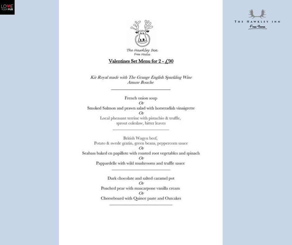 Love is in the air at The Hawkley Inn ❤

With just three weeks until Valentines Day do you have your tables booked to spoil your loved ones 😍

 #hawkleyinn #loveyourpub #wickham # #goodfood #goodmood
