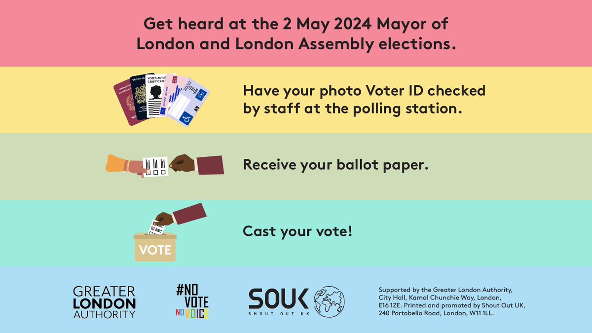 Your vote is your voice! 📢 Make sure it's heard.

Voting at the polling station is simple – just make sure you bring an accepted form of photo ID! You have the right to have your photo ID checked in private.

#RegisterToVote before 16 April 2024 to have your say in the London