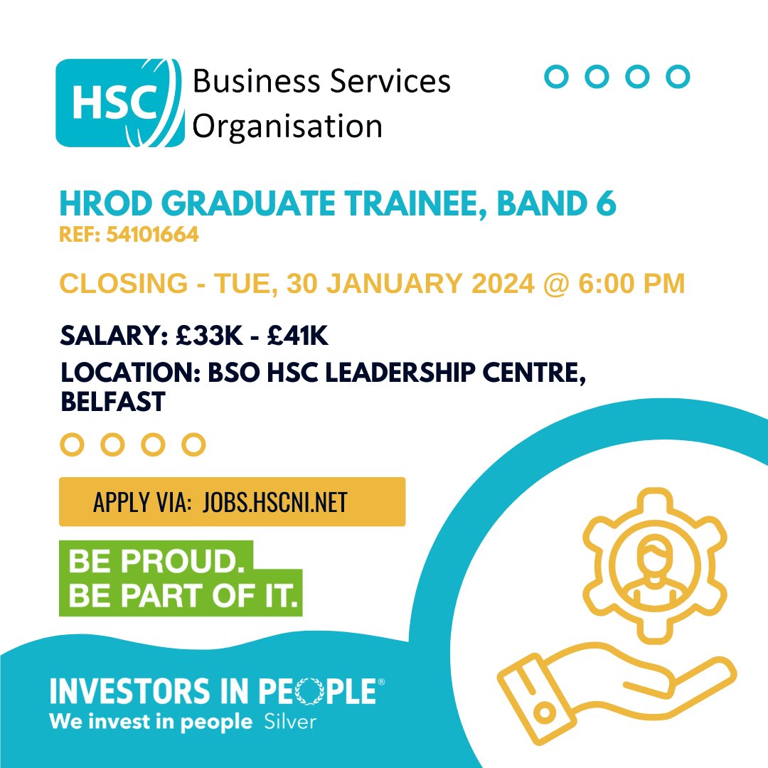Join <a href="/BSO_NI/">Business Services Organisation</a> as an HROD Graduate Trainee, Band 6

The HSC Graduate Training Scheme Pathways are designed to fast track careers within #HSCNI.

Closing: Tue, 30 Jan 2024 @ 6:00 PM

For more info:
jobs.hscni.net/Job/32830/bsoh…

#BSO #hscjobs #HR #graduate #Belfast #careers