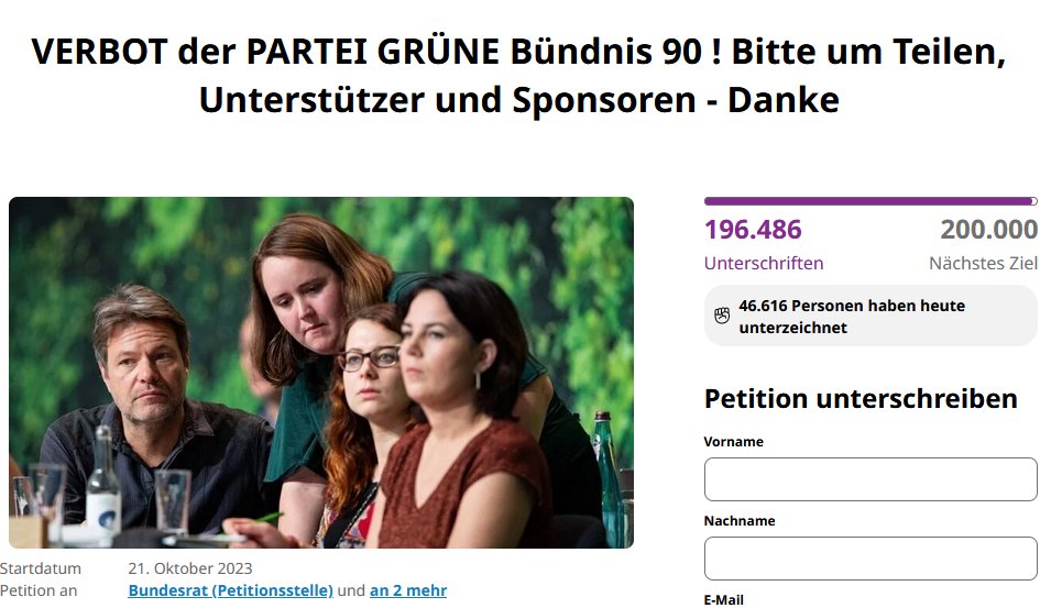 Ich bin kein Freund von Parteiverboten, bei keiner Partei. Aber diese Petition zum Parteiverbot der Grünen  hat einen anderen Hintergrund: Es geht darum, die Absurdität darzustellen, einfach zu sagen: "Diese Partei gefällt mir nicht, die muss weg!"
Deswegen unterstützt bitte