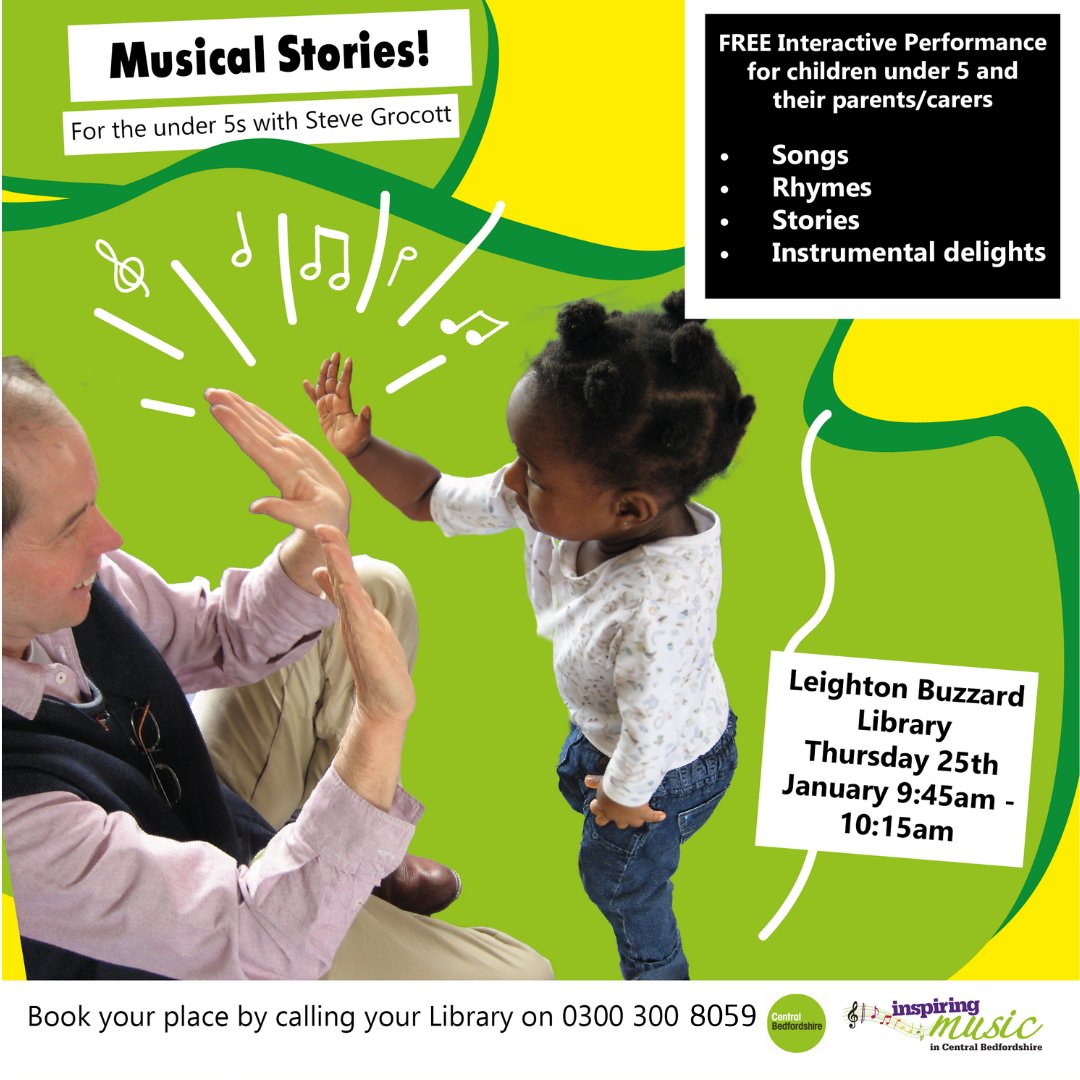 There  are still a few places left to join Steve Grocott for a fun interactive musical stories session at Leighton Buzzard Library tomorrow (Thurs 25  Jan) at 9.45 am.  Suitable for children under 5 please book your free place at Leighton Buzzard Library or call 0300 300 8059.