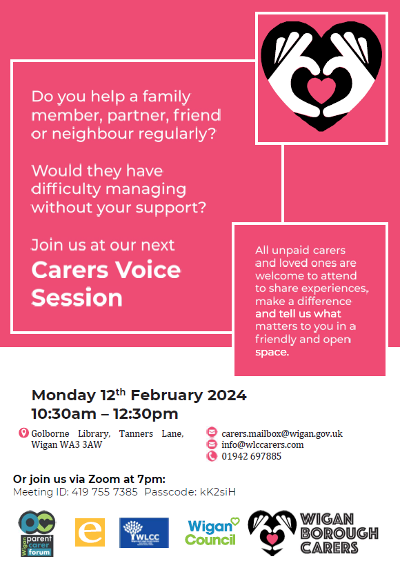 Join us for our next Carer Voice Session! 🗓️12th February 2024 ⏰10:30am-12:30pm 📍Golborne Library or join via zoom at 7pm! A great chance to meet other carers, share your experiences and tell us what matters to you. We hope to see you there❤️