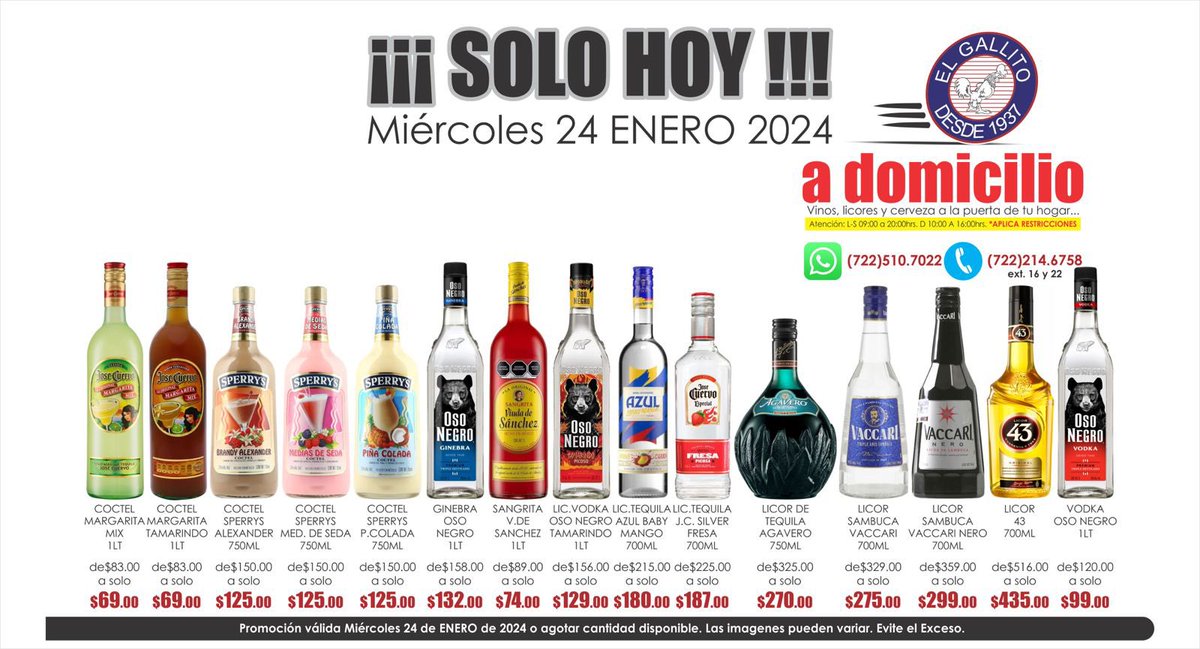 vinoselgallito's tweet photo. SOLO HOY…
#margaritamix #sperrys #osonegro #viudadesanchez #babymango #cuervoespecial #agavero #vaccari #licor43 #coctel #ginebra #sangrita #vodka #tequila #sambuca #servicioadomicilio #amigallitos #promociones #solohoy #miercoles https://t.co/Inl4Wa1oc7