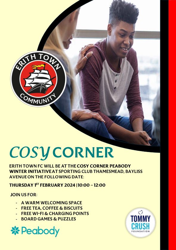 ☕️ | COSY CORNER

We are absolutely delighted to say we’ll be at the <a href="/PeabodyLDN/">Imran Huda</a> #CosyCorner Winter Initiative on the following date:

🗓️ 01/02/2024
⏰ 10:00 - 12:00
🗺️ Sporting Club Thamesmead

There’ll be plenty of tea, coffee &amp; activities, so see you there!

#WeAreDockers