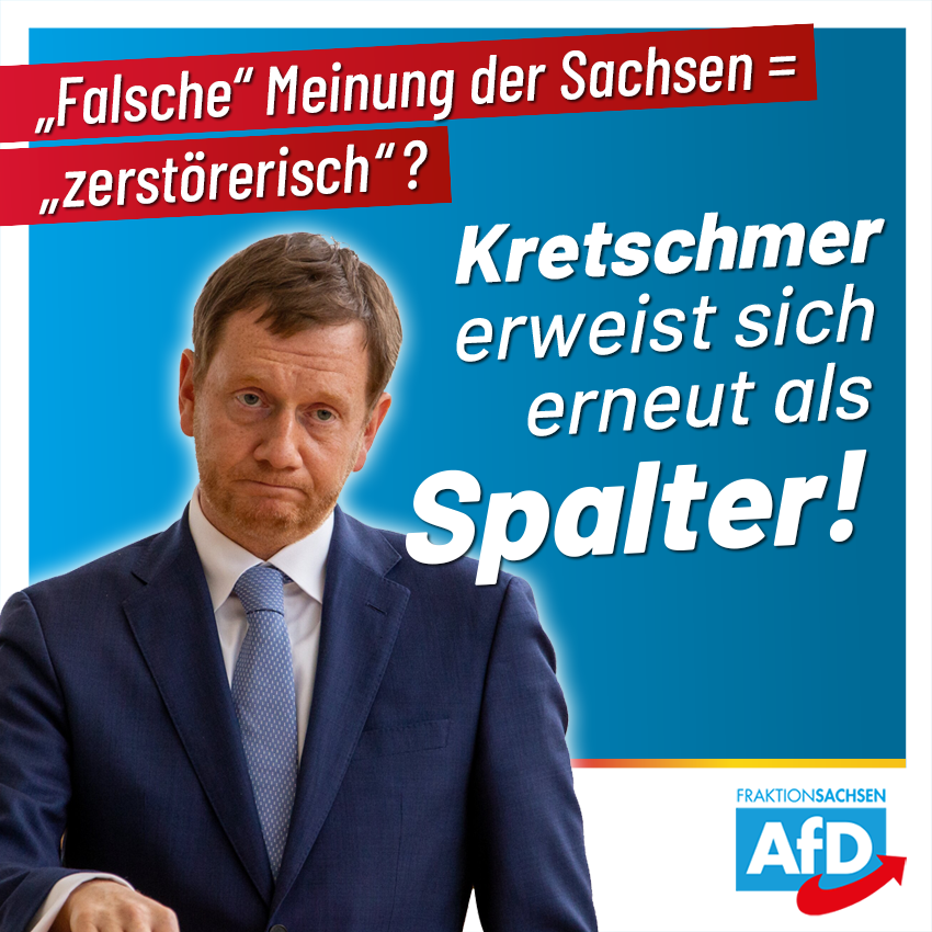 AfD_SLT's tweet photo. Die Ergebnisse des #Sachsenmonitor haben @MPKretschmer nicht gefallen. Die #Sachsen ticken nicht so, wie er das möchte. Statt seine Politik zu ändern, zieht er es vor, die Bürger zu beschimpfen. #AfD #Meinungsfreiheit
https://t.co/GcWeOH4w0t https://t.co/dSiE5QMLgS