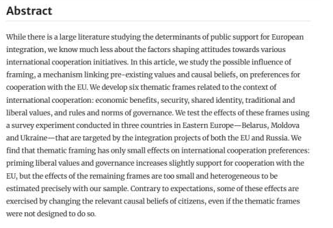 Framing international cooperation: citizen support for cooperation with the European Union in Eastern Europe Free to view for one month! @DToshkov @HMazepus @antoanetadl link.springer.com/article/10.105… #EasternEurope #EuropeanUnion #Internationalrelations