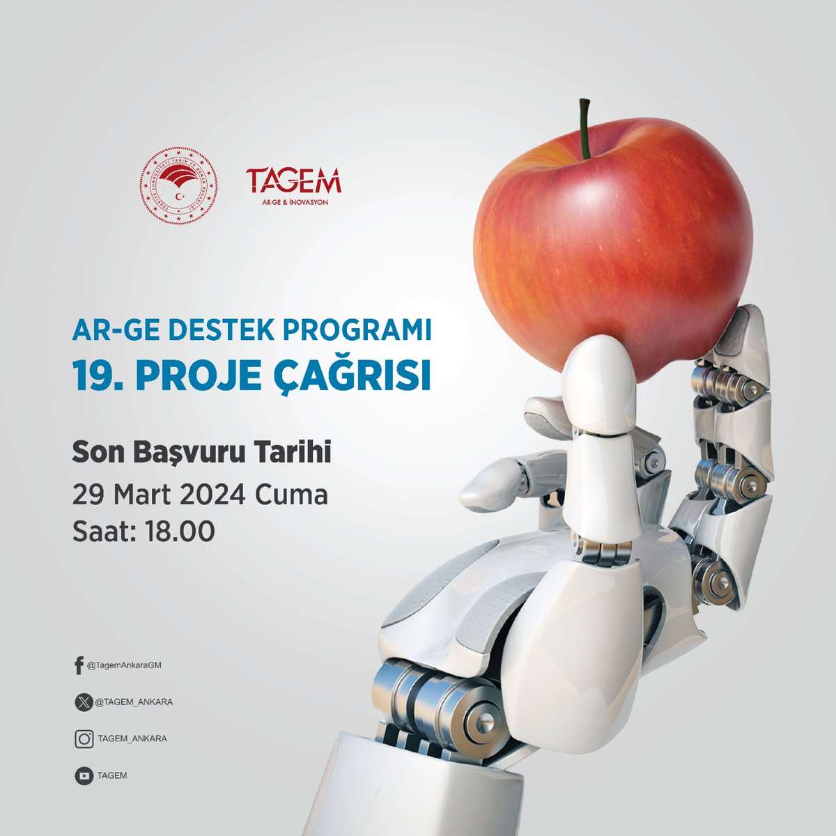 Tarımsal Araştırmalar ve Politikalar Genel Md. (@tagemgovtr) on Twitter photo Bakanlığımız Ar-Ge Destek Programı kapsamında, özel sektör, STK, üniversiteler ve TÜBİTAK Ar-Ge Birimlerinin başvurabileceği 19. Proje Çağrısına çıkılmıştır. Proje çağrı ilanına tarimorman.gov.tr/TAGEM/Menu/82/… web adresinden ulaşılabilecektir. <a href="/TCTarim/">T.C. Tarım ve Orman Bakanlığı</a> <a href="/Tubitak/">TÜBİTAK</a> <a href="/TUBITAK_MAM/">TÜBİTAK MAM</a> Bakanlığımız Ar-Ge Destek Programı kapsamında, özel sektör, STK, üniversiteler ve TÜBİTAK Ar-Ge Birimlerinin başvurabileceği 19. Proje Çağrısına çıkılmıştır. Proje çağrı ilanına tarimorman.gov.tr/TAGEM/Menu/82/… web adresinden ulaşılabilecektir. <a href="/TCTarim/">T.C. Tarım ve Orman Bakanlığı</a> <a href="/Tubitak/">TÜBİTAK</a> <a href="/TUBITAK_MAM/">TÜBİTAK MAM</a>
