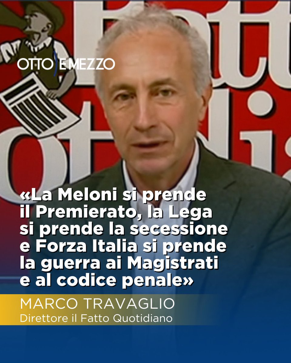 Otto e Mezzo (@ottoemezzotw) on Twitter photo "La Meloni si prende il Premierato, la Lega si prende la secessione e Forza Italia si prende la guerra ai Magistrati e al codice penale".
<a href="/marcotravaglio/">Marco Travaglio</a> #ottoemezzo "La Meloni si prende il Premierato, la Lega si prende la secessione e Forza Italia si prende la guerra ai Magistrati e al codice penale".
<a href="/marcotravaglio/">Marco Travaglio</a> #ottoemezzo