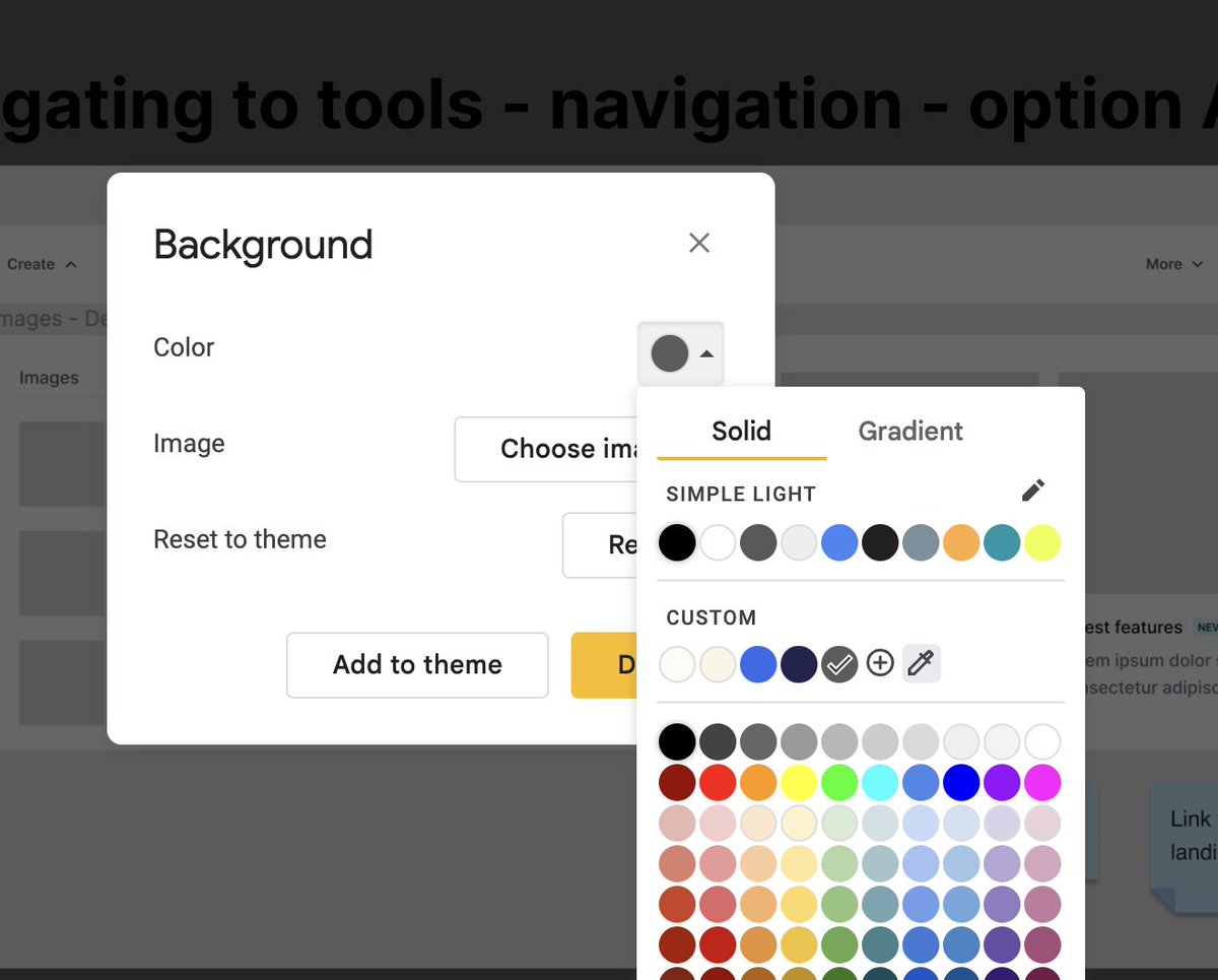 martinleblanc's tweet photo. When using color picker in Google Slides, Google adds a dark overlay over your slide.  You then can't pick the colors from the slide itself without it being darker.

This is why you do user testing. https://t.co/Ztxzdy6rm1