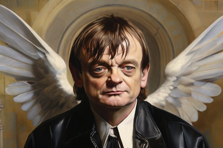OrigRami17's tweet photo. Six years gone today, the hip priest who some if not all much appreciated.

AI prompts: "Mark E Smith as a merciful angel" &amp; "An angelic Mark E Smith drinks a very long draft".

#RIPMES https://t.co/l9fktO7raa