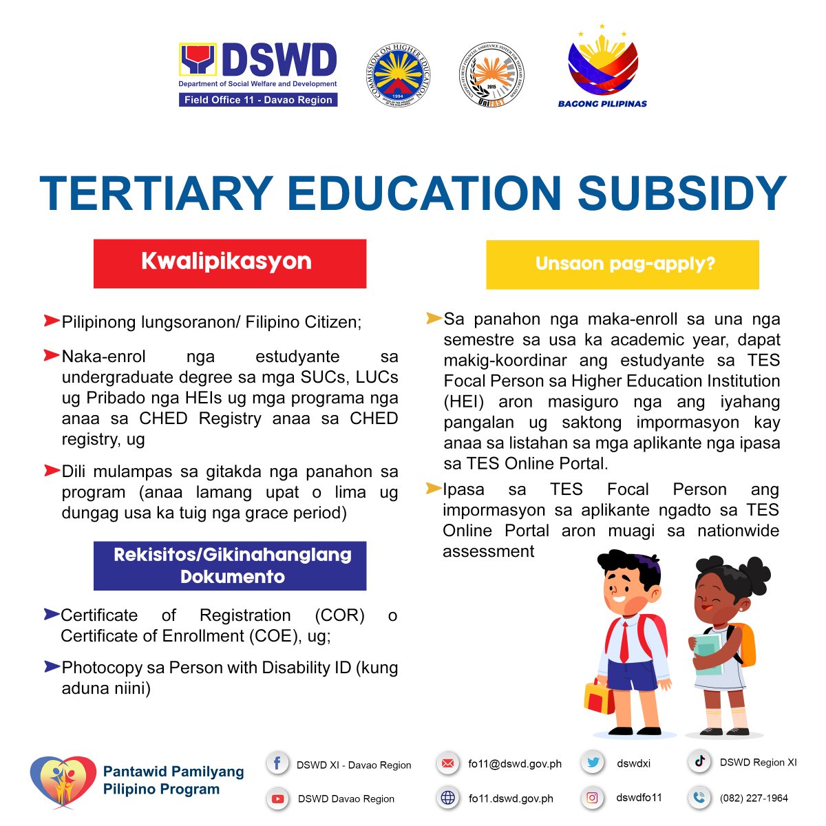 dswdxi's tweet photo. 𝐊𝐚-𝟒𝐏𝐬!
Alang sa pagpangandam sa atoang mga anak sa pagtungha sa kolehiyo, ani-a ang hatud nga impormasyon sa Pantawid Pamilyang Pilipino Program kaninyo!
Basaha: https://t.co/sC4AZ0FnYe
Walang maiiwan sa Bagong Pilipinas!
#BawatBuhayMahalagaSaDSWD https://t.co/flaja62irf
