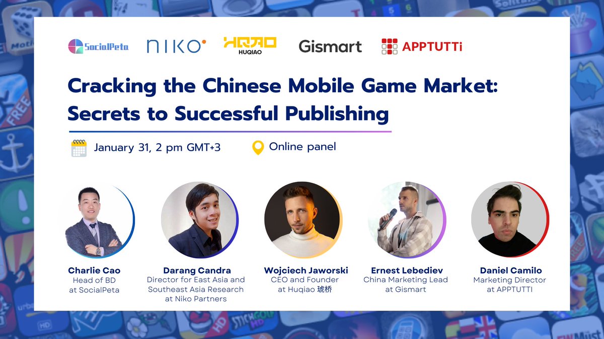 🚀SocialPeta will team up with experts from <a href="/nikopartnersinc/">Niko Partners 🔜 ChinaJoy</a> , Gismart, Huqiao, and <a href="/APPTUTTi/">APPTUTTi</a>  to prepare an online panel to analyze Chinese mobile market trends and uncover the secrets of successful publishing in China.

📝 Register now: socialpeta.com/webinars/crack…

#mobilegames