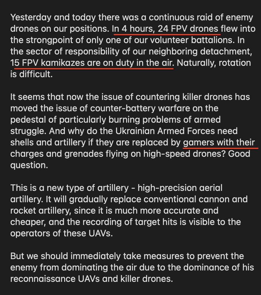 wartranslated's tweet photo. Dmitry "Trampoline" Rogozin, says a position of his "volunteer battalion" was under attack by FPV drones every 10 minutes for 4 hours. He says the superiority of FPVs is palpable, and gamers with drones are replacing old-school artillery.

Gamers with drones, gamers on tanks... https://t.co/uUhbumLk5l